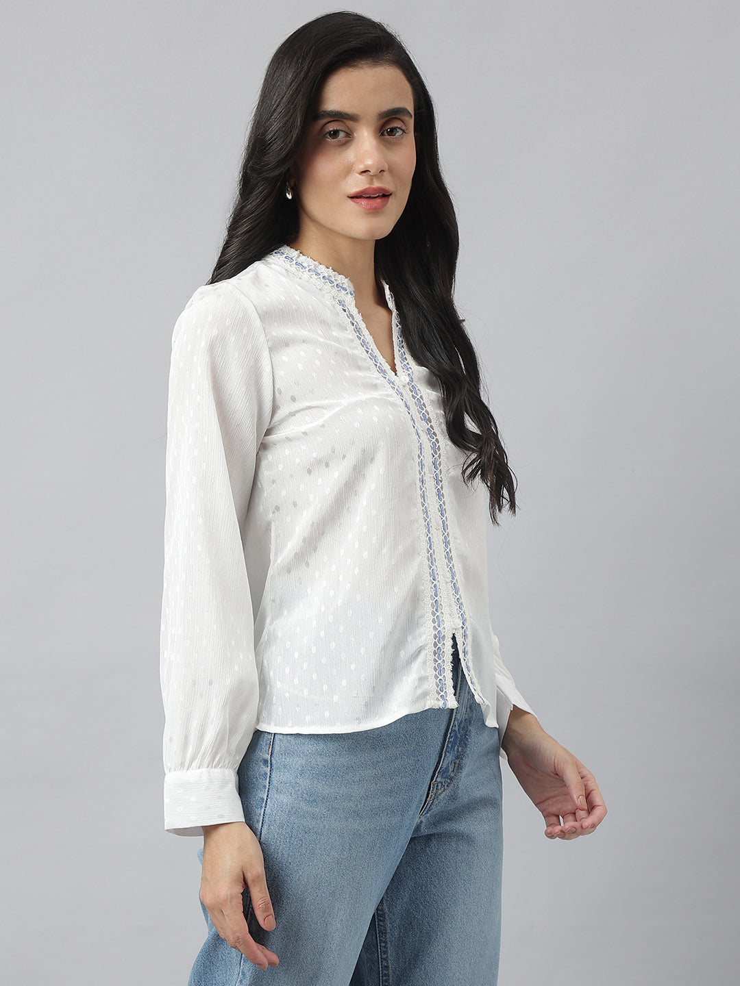 White Full Sleeve Mandarin Solid Shirt For Casual Wear