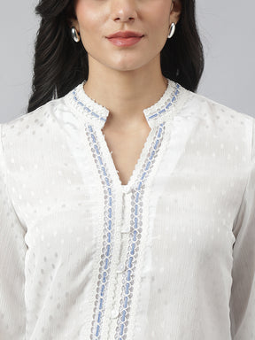 White Full Sleeve Mandarin Solid Shirt For Casual Wear