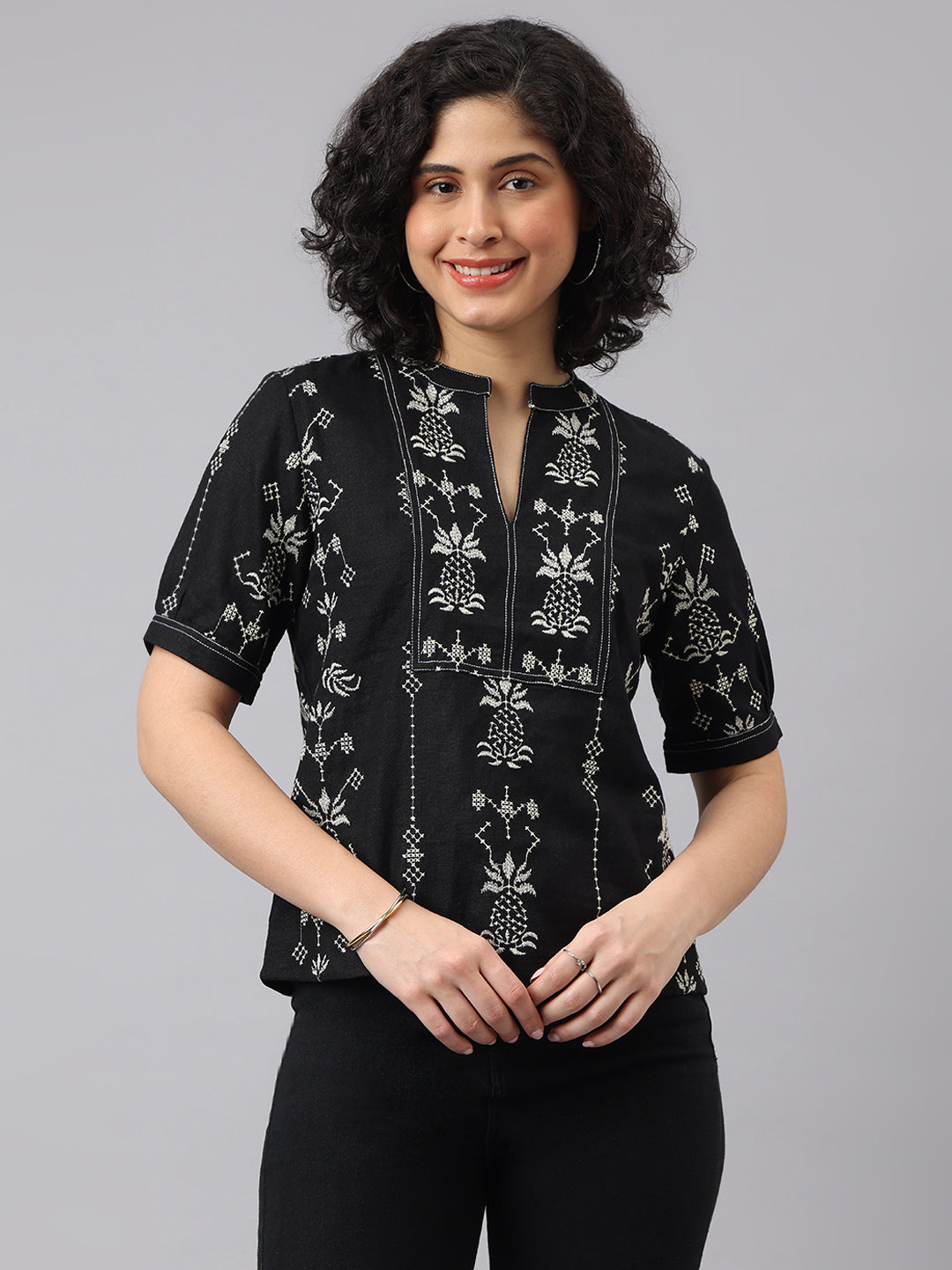 Black Half Sleeve Mandarin Collar Embroidered Casual Top