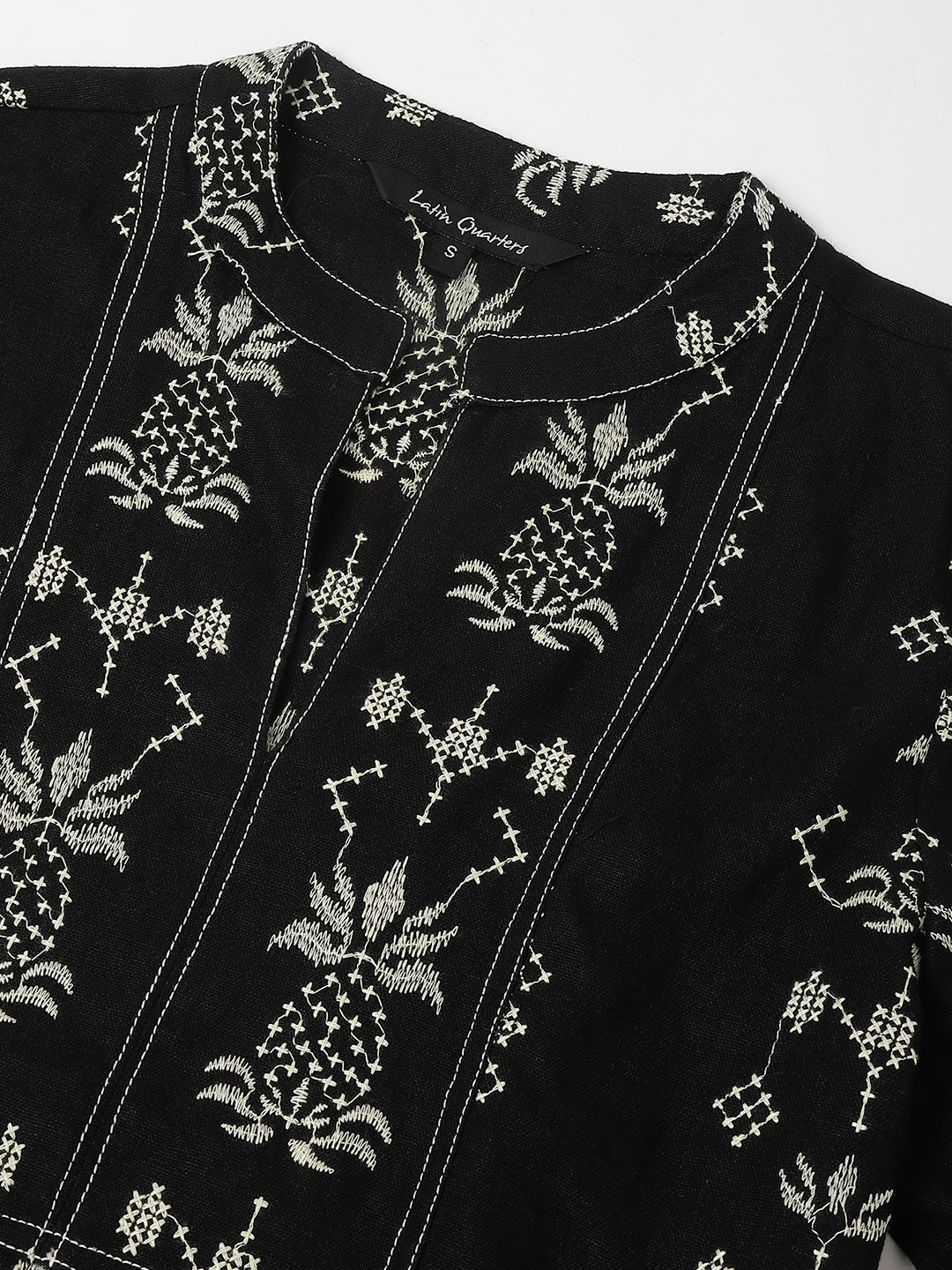 Black Half Sleeve Mandarin Collar Embroidered Casual Top