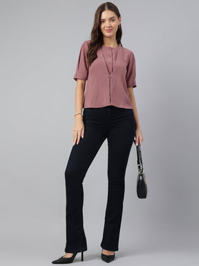 Pink Dusky Half Sleeve Round Neck Solid Casual Top For Everyday Wear