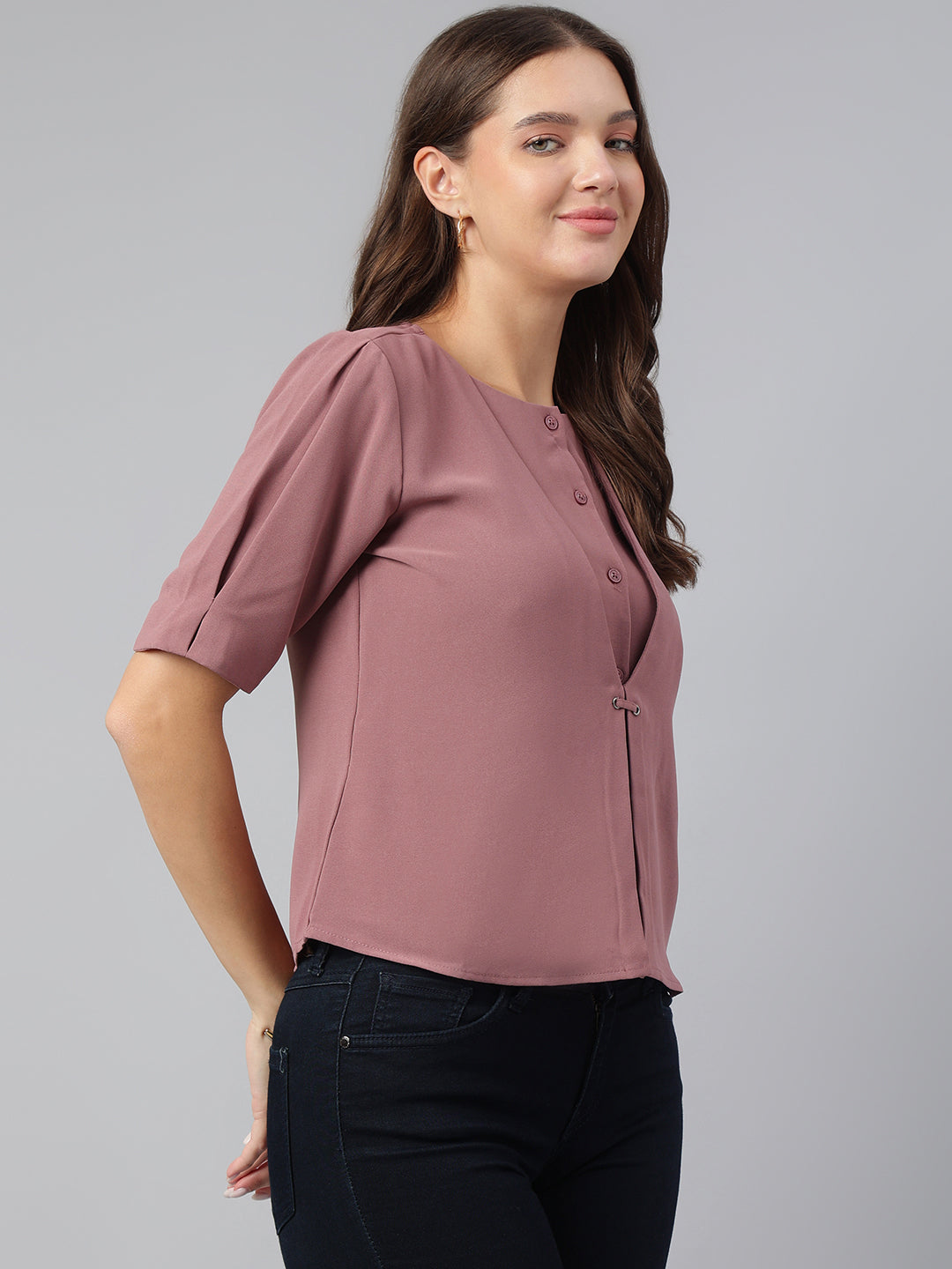 Latin Quarters Women Solid Pink Round Neck Short Sleeve Casual Top