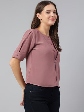 Latin Quarters Women Solid Pink Round Neck Short Sleeve Casual Top