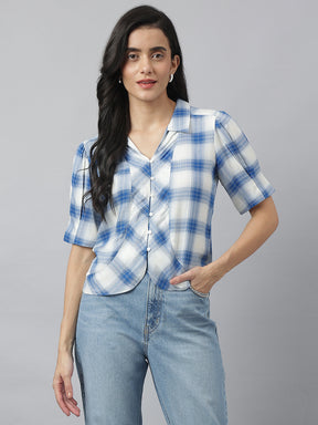 Blue Half Sleeve Collared Neck Check Shirt For Casual Wear