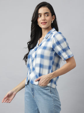 Blue Half Sleeve Collared Neck Check Shirt For Casual Wear