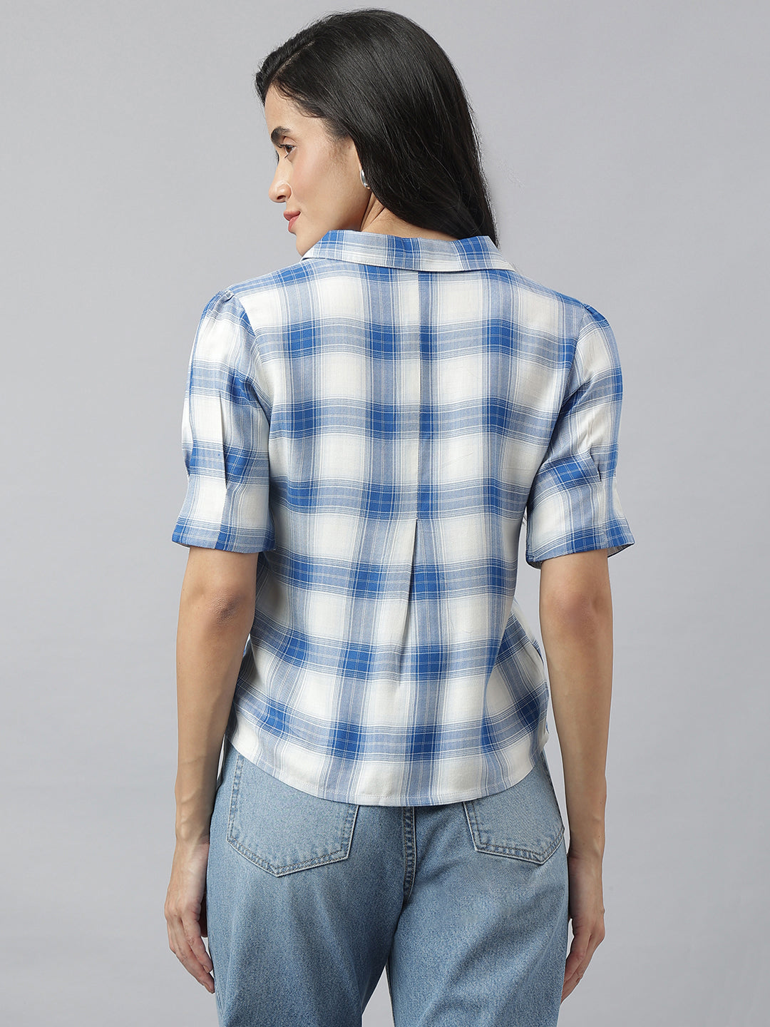 Blue Half Sleeve Collared Neck Check Shirt For Casual Wear