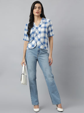 Blue Half Sleeve Collared Neck Check Shirt For Casual Wear