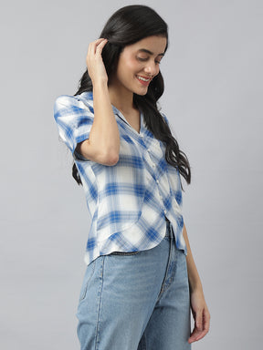 Blue Half Sleeve Collared Neck Check Shirt For Casual Wear