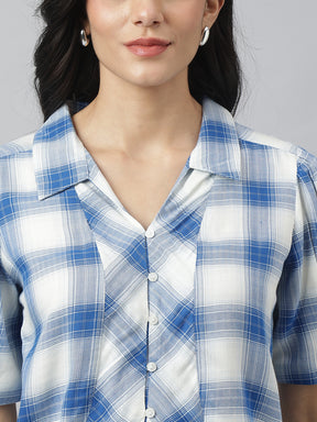 Blue Half Sleeve Collared Neck Check Shirt For Casual Wear