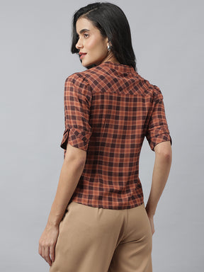 Brown Half Sleeve Round Neck Check Top For Casual Wear