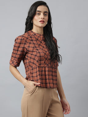 Brown Half Sleeve Round Neck Check Top For Casual Wear