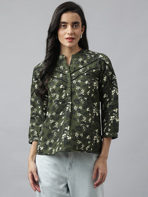 Green 3/4 Sleeve Mandarin Printed Top For Casual Wear