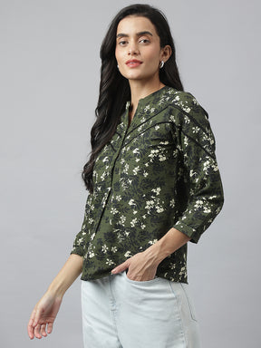 Green 3/4 Sleeve Mandarin Printed Top For Casual Wear