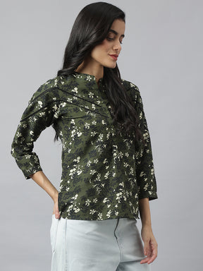 Green 3/4 Sleeve Mandarin Printed Top For Casual Wear