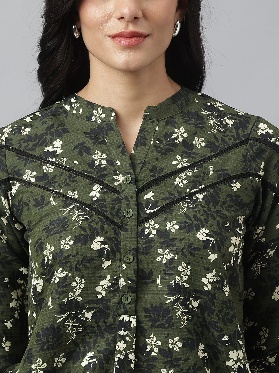 Green 3/4 Sleeve Mandarin Printed Top For Casual Wear