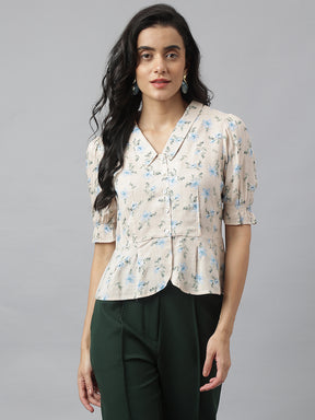 Cream Half Sleeve Collared Neck Printed Shirt For Casual Wear