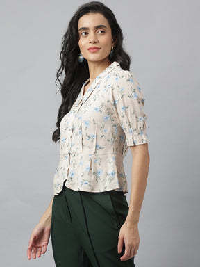 Cream Half Sleeve Collared Neck Printed Shirt For Casual Wear