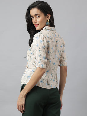 Cream Half Sleeve Collared Neck Printed Shirt For Casual Wear