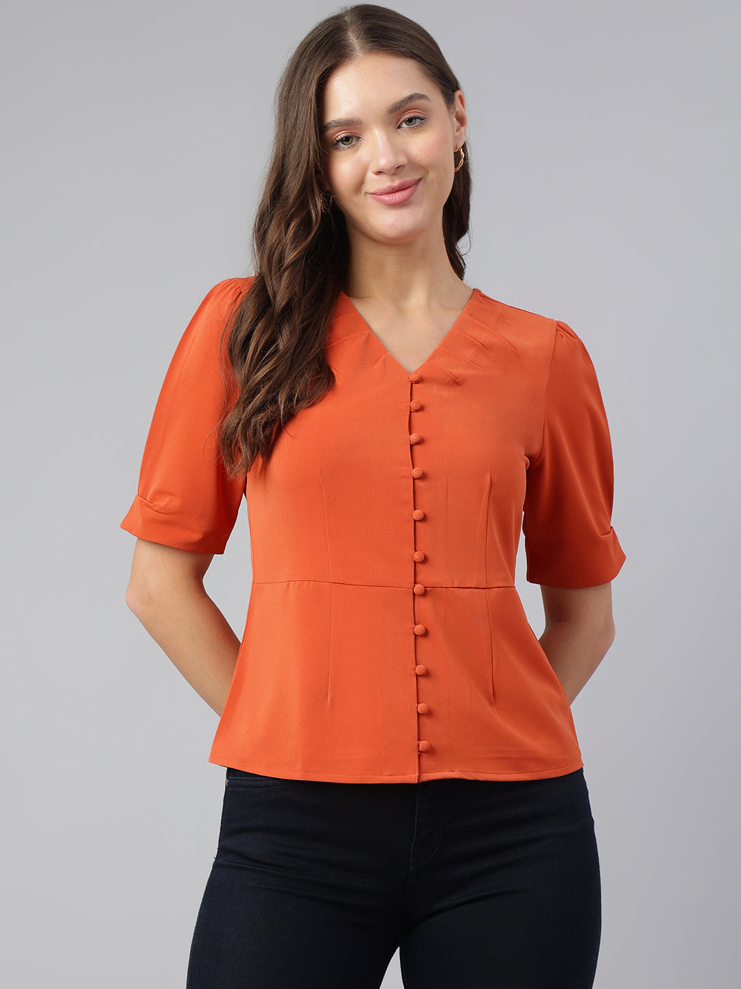 Vibrant Orange Half Sleeve V-Neck Solid Casual Top for Everyday Flair