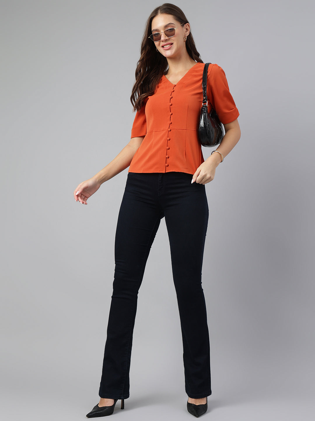 Vibrant Orange Half Sleeve V-Neck Solid Casual Top for Everyday Flair