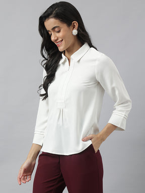 White 3/4 Sleeve Collared Neck Solid Top For Casual Wear