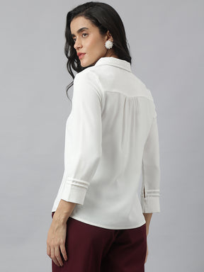 White 3/4 Sleeve Collared Neck Solid Top For Casual Wear