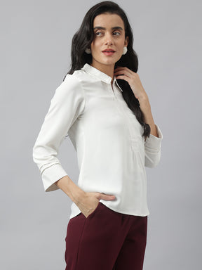 White 3/4 Sleeve Collared Neck Solid Top For Casual Wear