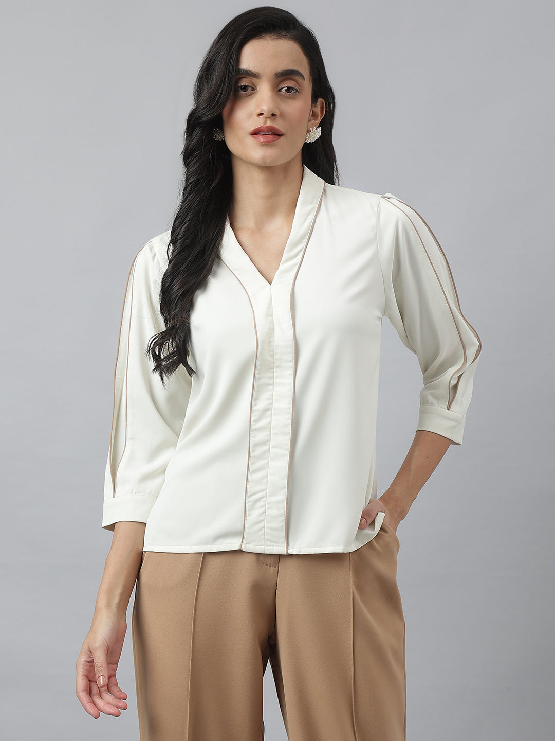 Ivory 3/4 Sleeve V-Neck Solid Top For Casual Wear