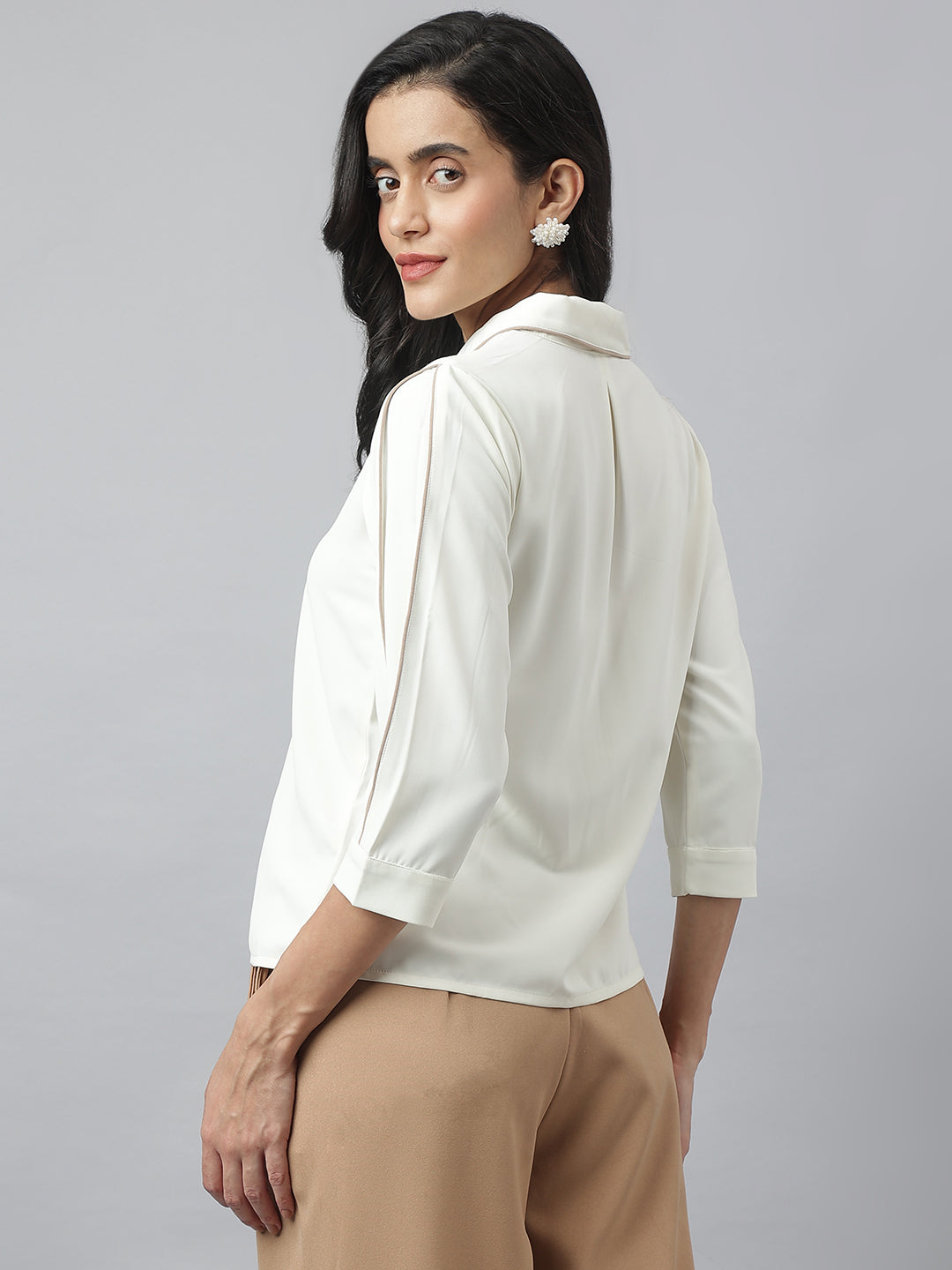 Ivory 3/4 Sleeve V-Neck Solid Top For Casual Wear