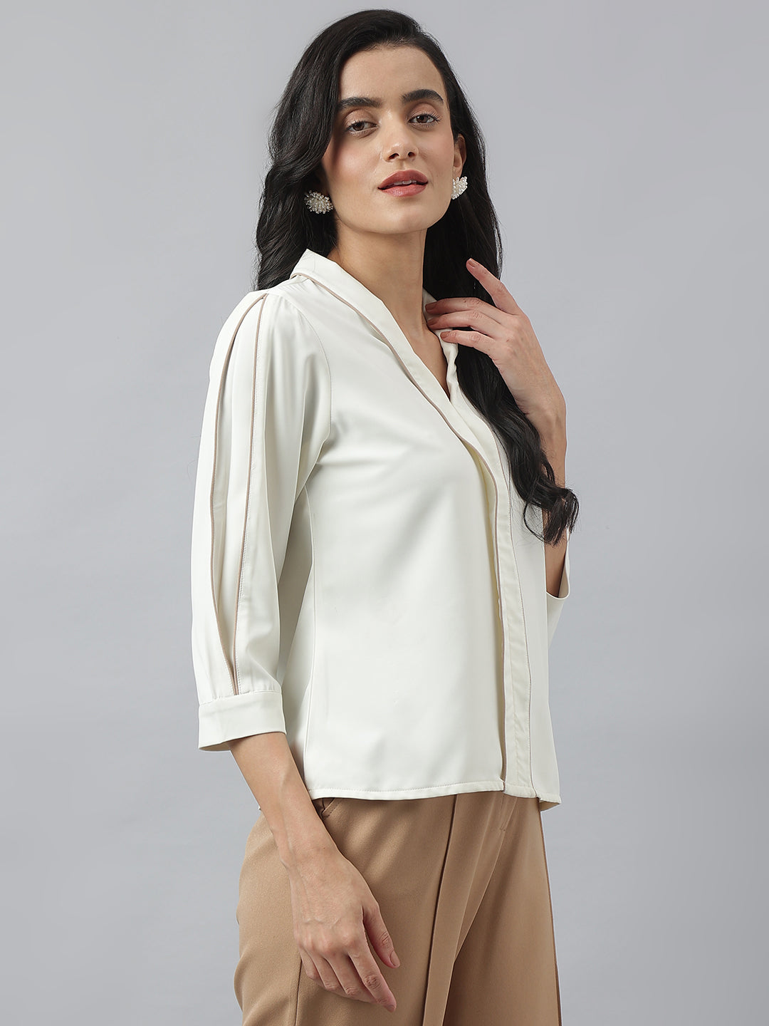 Ivory 3/4 Sleeve V-Neck Solid Top For Casual Wear