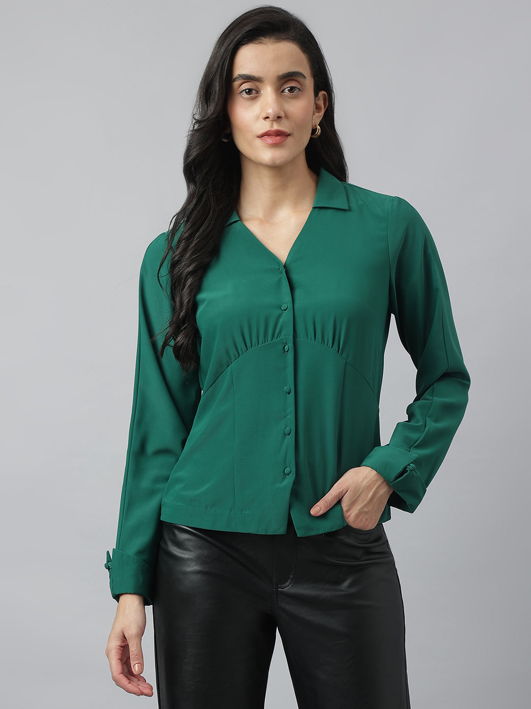 Green Full Sleeve Collared Neck Solid Shirt For Casual Wear