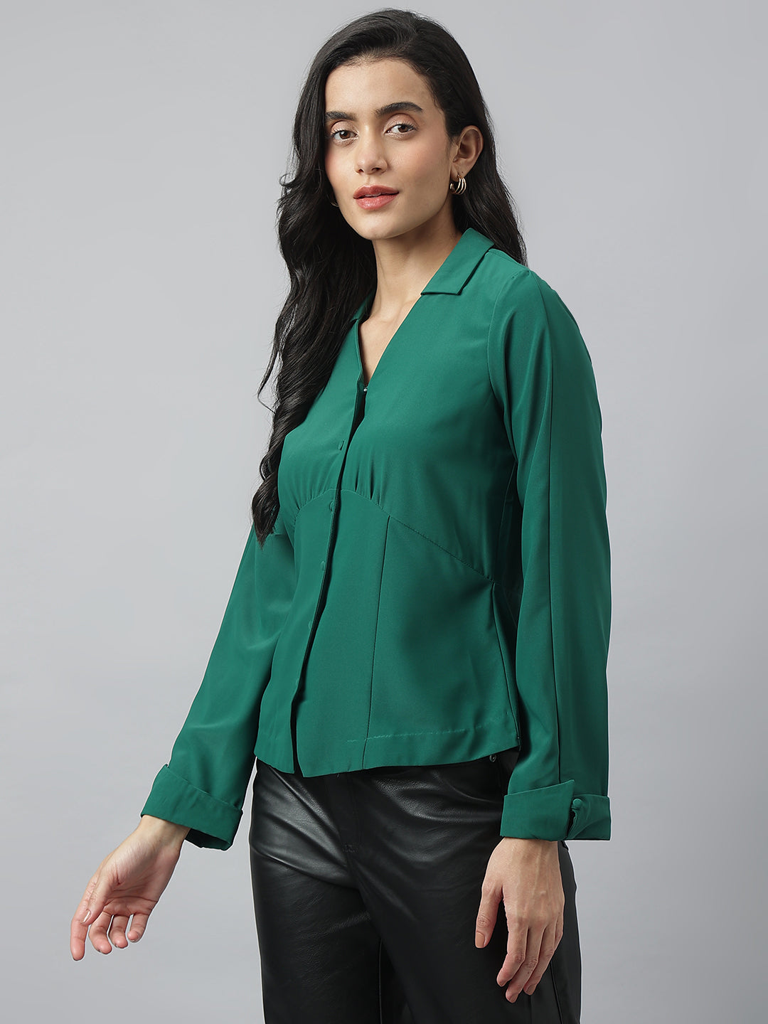 Green Full Sleeve Collared Neck Solid Shirt For Casual Wear