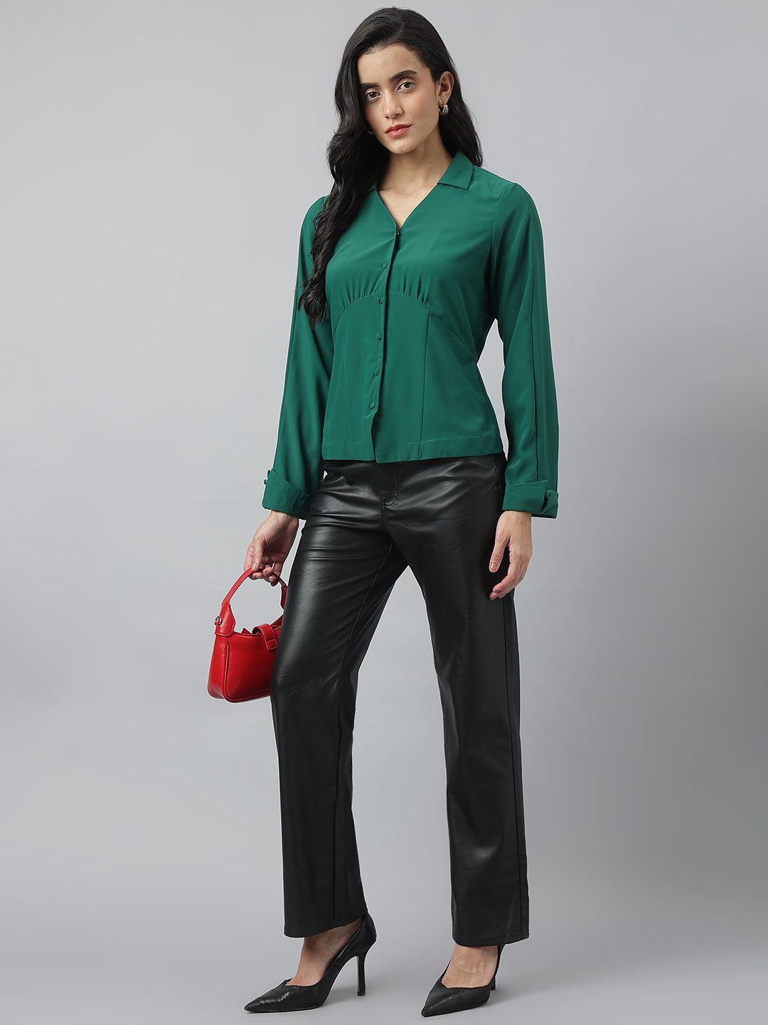 Green Full Sleeve Collared Neck Solid Shirt For Casual Wear