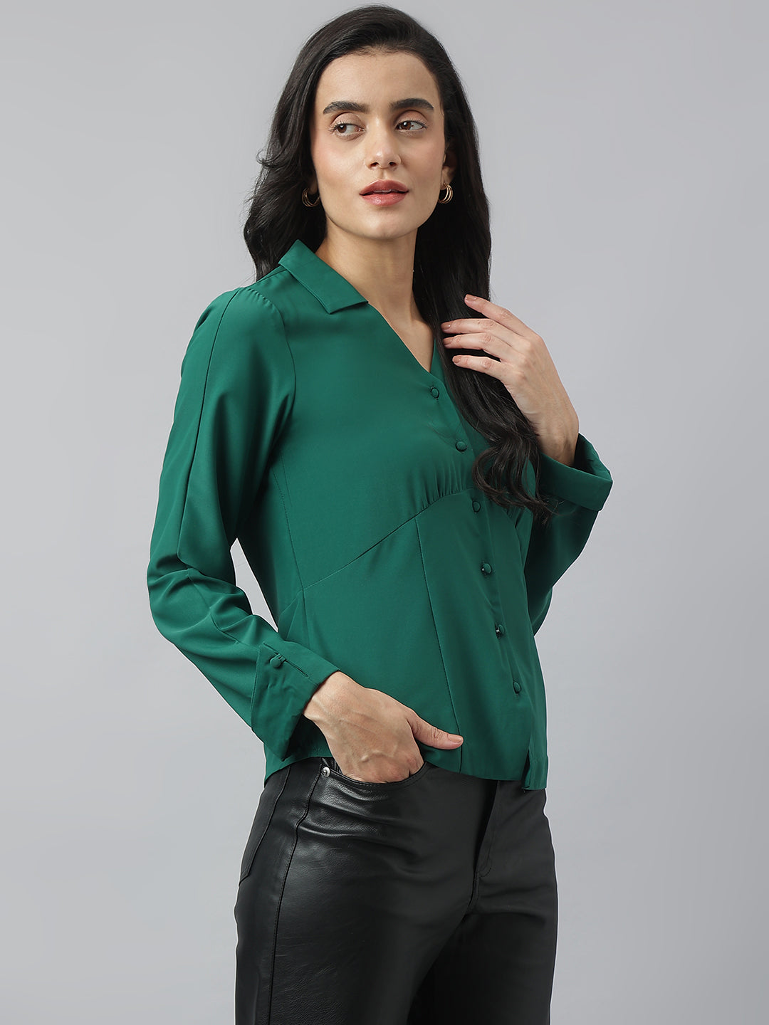 Green Full Sleeve Collared Neck Solid Shirt For Casual Wear