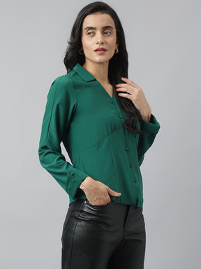 Green Full Sleeve Collared Neck Solid Shirt For Casual Wear