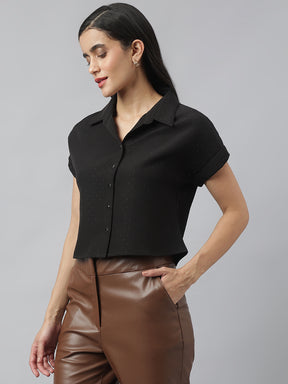 Black Short Sleeves Collared Neck Solid Shirt For Casual Wear