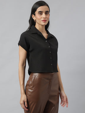 Black Short Sleeves Collared Neck Solid Shirt For Casual Wear