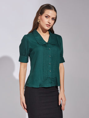 Latin Quarters Women Green Collar Neck Short Sleeves Solid Shirt