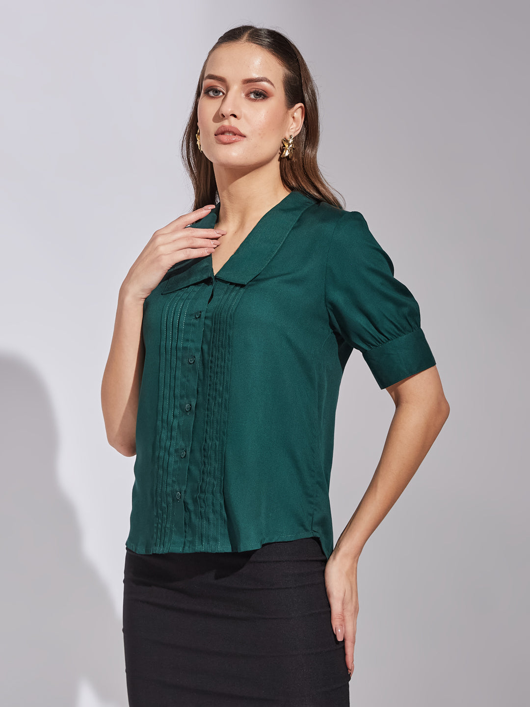 Latin Quarters Women Green Collar Neck Short Sleeves Solid Shirt