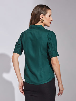 Latin Quarters Women Green Collar Neck Short Sleeves Solid Shirt