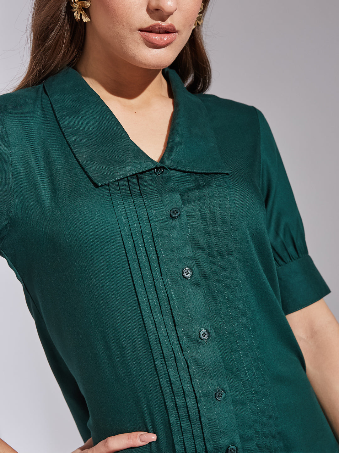 Latin Quarters Women Green Collar Neck Short Sleeves Solid Shirt