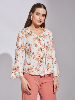 Latin Quarters Women Orange Round Neck Full Sleeve Floral Top