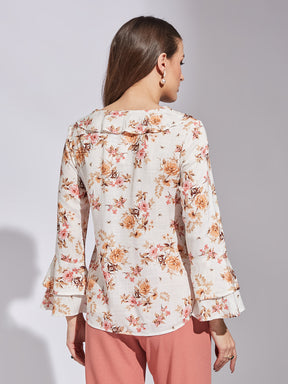 Latin Quarters Women Orange Round Neck Full Sleeve Floral Top