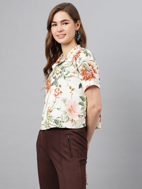 Latin Quarters Women Brown Collar Neck Short Sleeves Printed Shirt