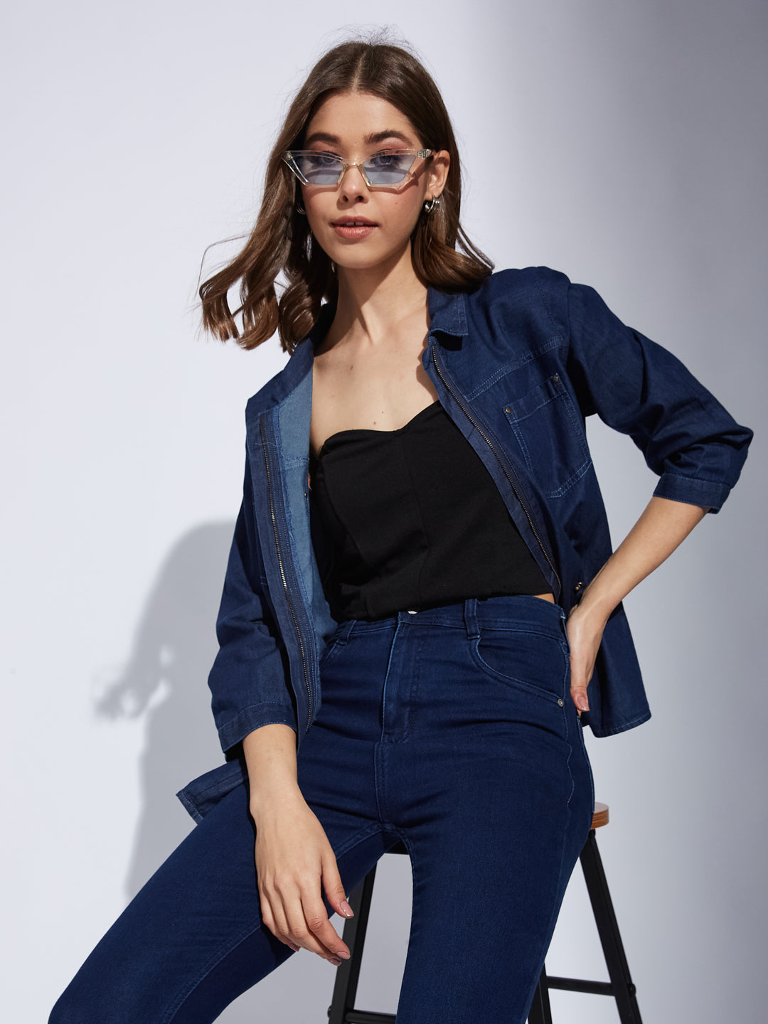 Latin Quarter Women Blue Collar Neck 3/4Th Sleeve Solid Shirt Blouse