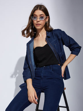 Latin Quarter Women Blue Collar Neck 3/4Th Sleeve Solid Shirt Blouse