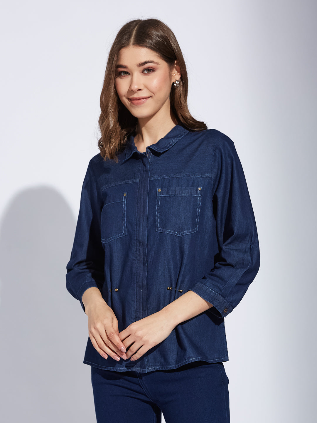 Latin Quarters Women Blue Solid Collared 3/4th Sleeve Casual Regular Shirt