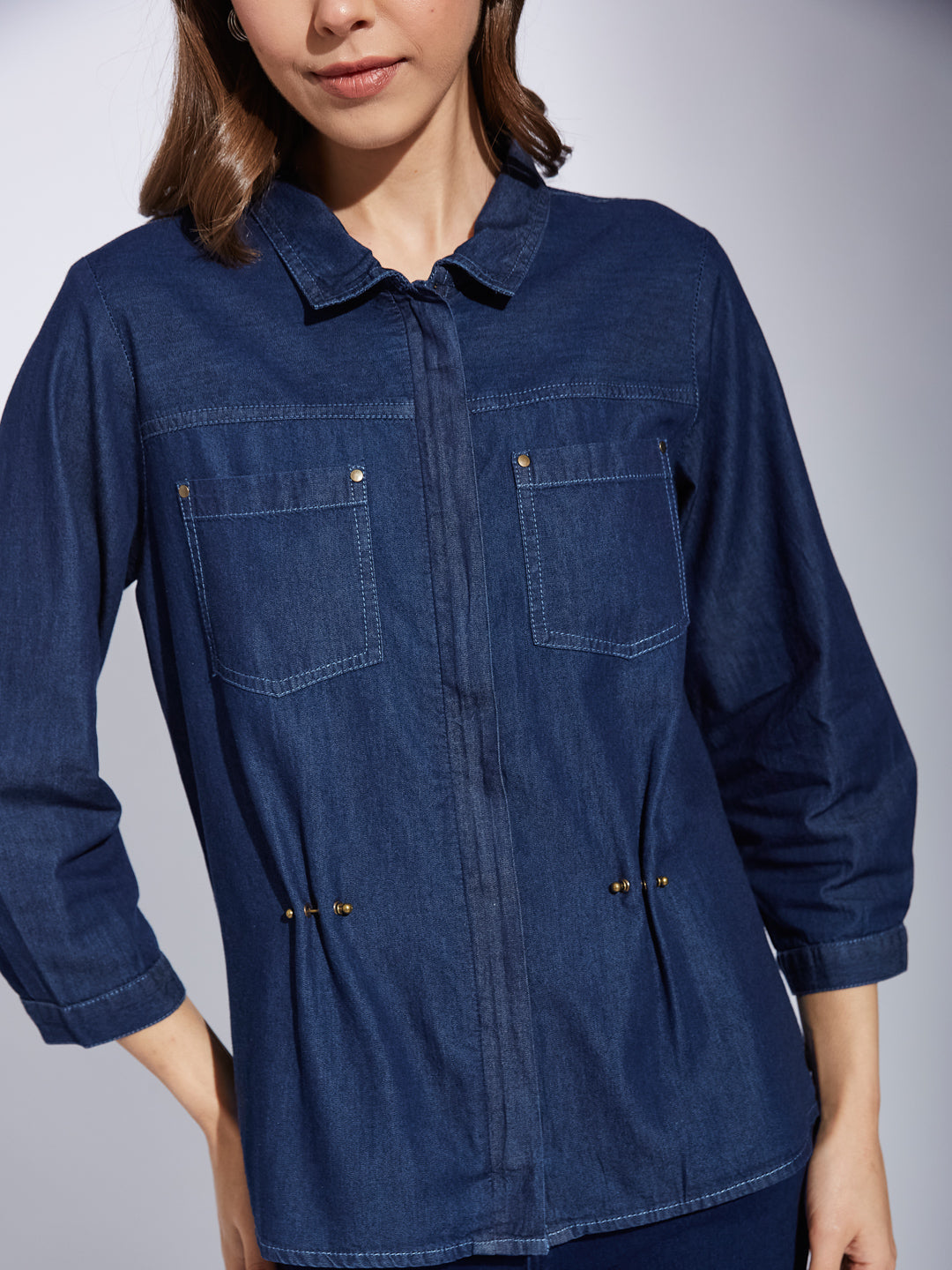 Latin Quarters Women Blue Solid Collared 3/4th Sleeve Casual Regular Shirt