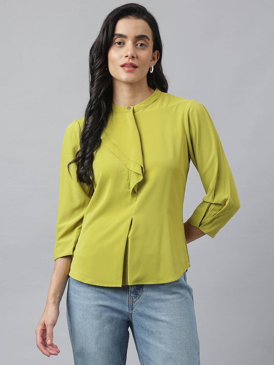 Lime 3/4 Sleeve Round Neck Solid Top For Casual Wear