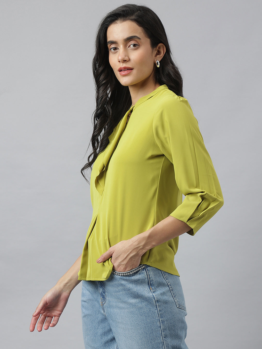 Lime 3/4 Sleeve Round Neck Solid Top For Casual Wear